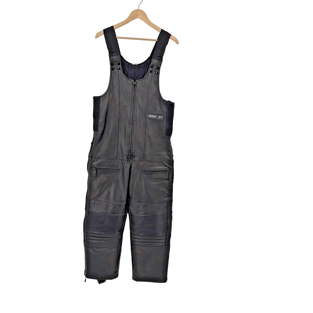 Vintage CKX Black Leather Snowmobile Overalls Men's Medium Riding Bibs 24.5"